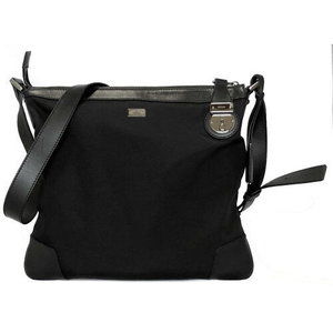 Gucci Shoulder Bag Black Plain Leather Nylon Logo Plate